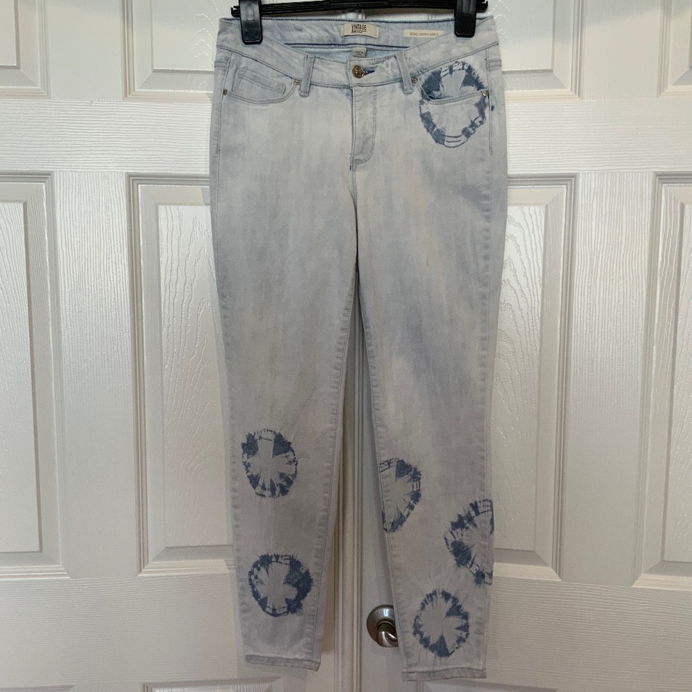 VINTAGE AMERICA BLUES BOHO SKINNY ANKLE JEANS, BLUE TIE DYE, SIZE 29